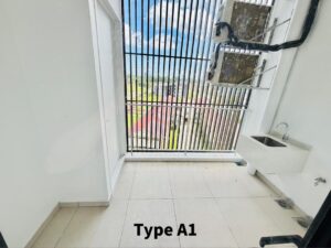 Small balcony with tiled floor, black vertical railing, wall-mounted AC units, and a concrete sink with faucet; labeled Type A1.