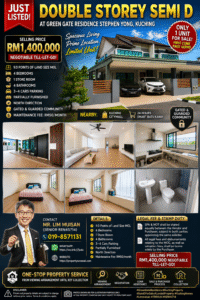Promotional flyer for a double-storey semi‑detached house: price RM1,400,000, limited unit, exterior and interior photos, contact info.