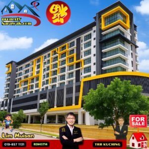 Modern multi-story apartment building with bold yellow trim and large windows, for-sale signage in the foreground and property Sarawak branding in the sky.