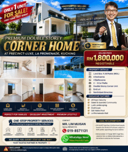 Promotional collage for a premium double-storey corner home with price RM1,800,000 negotiable and a real estate agent holding keys.