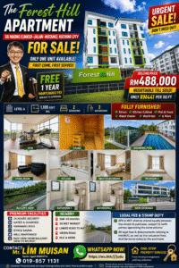 Colorful real estate poster advertising The Forest Hill Apartment for sale, featuring price, location, and a grid of rooms and facilities in the layout.