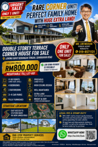 Urgent sale real estate banner for a double-storey corner terrace house priced at RM800,000 with a smiling agent holding keys.