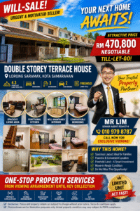 Property ad banner for a double-storey terrace house in Kota Samarahan, price RM470,800 negotiable with agent Mr Lim.