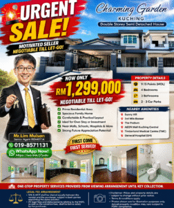 Promotional real estate poster advertising an urgent sale of a double-storey house with price RM 1,299,000 and agent contact details.