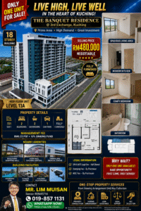 Promotional poster for The Banquet Residence condo: high-rise building with bold 'Live High, Live Well' banner and price RM480,000, plus interior photo thumbnails on the right edge.