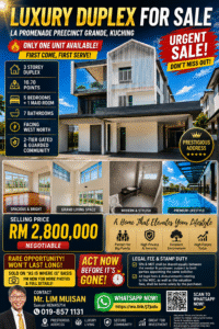 Luxury duplex for sale: modern 3‑storey home with pool, bold sale banners, and key features listed (5 beds + maid, 7 baths).