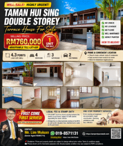Terrace house for sale ad with price RM760,000 and a collage of interior and exterior photos.