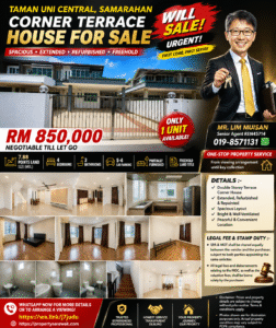 Advertising poster for a double-storey terrace house for sale in Samarahan, price RM850,000, with contact details and interior photos included.