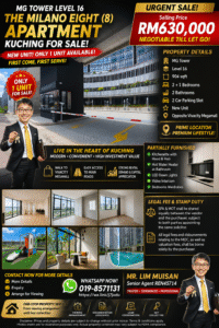 Promotional poster advertising The Milano Eight apartment sale in Kuching with urgent sale banner and price RM630,000.