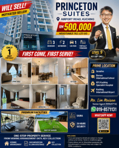 Princeton Suites ad: high-rise building, agent in suit holding keys, RM500,000 negotiable; 3 bedrooms, 2 bathrooms, 1 car park, furnished.