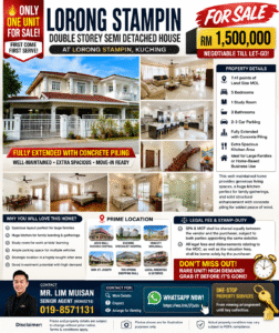 Sale flyer for Lorong Stampin double-storey house; exterior photo collage and interior rooms; price RM 1,500,000.