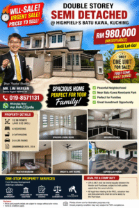 Two-storey semi-detached house for sale in Kuching; agent in a suit holding keys with bold RM 980,000 (Negotiable) sign and contact info nearby.