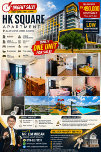Advertisement for HK Square Apartments with price banners, building exterior, and contact info for sales.