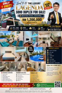 Promotional real estate flyer: Level 9–10 The Luxury Laguna duplex for sale near Mathies Road, Kuching; price RM 1,200,000, negotiable.