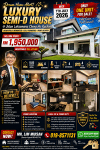 Promotional poster for a luxury semi-detached house with price RM 1,950,000 and an agent holding keys in the corner.