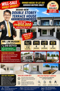 Brand-new double-storey terrace house for sale in Kuching with RM850,000 price, move-in ready; 4 bedrooms, 3 bathrooms, 2 car parks; contact Mr. Lim Muisan at 019-8571131 (WhatsApp) for details.