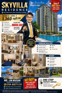 Skyvilla Residence advert showing a smiling agent with keys in front of a high-rise, highlighting 1,360 sqft and RM600,000 price with interior and facility images included.