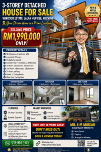Promotional poster for a 3-storey detached house for sale at Windsor Estate, price RM1,990,000, agent holding keys in front.