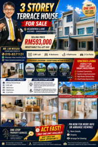 Promotional poster advertising a 3-storey terrace house for sale, featuring an agent holding keys, price RM593,000, and property details across the layout on a blue background.