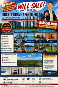 Busy real estate poster advertising Liberty Grove Apartment with price RM550,000 and a smiling agent showing keys but no specific person details.