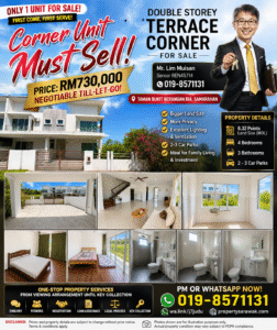 Property listing poster for a corner unit terrace home for sale at RM730,000 with agent contact details and a photo gallery of interior and exterior rooms and exterior view.