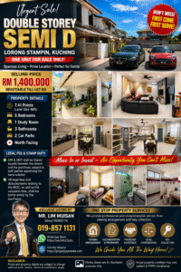 Advertising poster for a double-storey semi-D with urgent sale, collage of interior photos, and price RM1,400,000.
