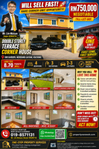 Promotional real estate poster featuring a two-storey yellow corner house with two cars in the driveway and bold sale text (RM750,000 negotiable)