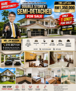 Real estate flyer advertising a double-storey semi-detached home for sale, featuring a smiling agent with keys beside the house; price RM1,350,000 (negotiable) and “Only 1 unit for sale.”