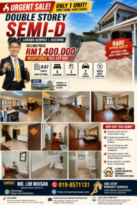 Property flyer advertising a double-storey semi-D with price RM1,400,000 and feature icons, plus interior photo thumbnails and agent image.