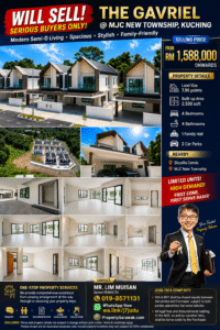 Real estate ad collage for The Gavriel in MJC New Township, Kuching: exterior row of modern villas, price from RM 1,588,000+, key features listed (7.96 point land, 2,530 sqft, 4 beds, 4 baths, 1 family hall, 2 car parks).