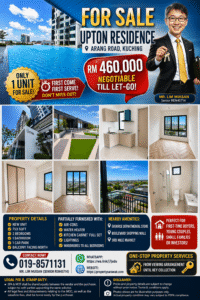 For-sale real estate banner for Uptown Residence showing price RM460,000 and agent Mr Lim Muisan with interior photos in a collage.