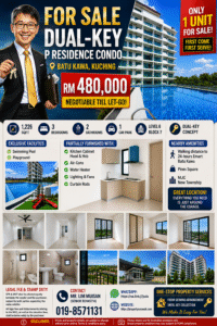 For-sale dual-key condo ad: smiling agent with keys, building and pool, price RM 480,000 in Batu Kawa, Kuching.