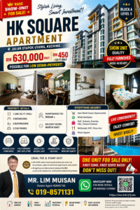 Promotional poster for HK Square Apartment featuring a modern building exterior, price RM 630,000, and interior photos.