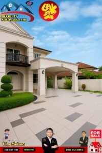 Front view of a modern beige two-story house with a tiled courtyard, manicured shrubs, and a red 'FOR SALE' banner; propertySarawak branding at top-left.