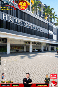 Exterior view of HK Residences Block A apartment building with palm trees, parking bays, and promotional overlays at the top and bottom showing agents and 'For Sale' signage.