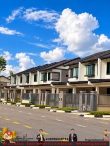 Row of modern townhouse-style homes with gated driveways under a bright blue sky.