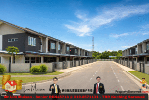 Row of modern two-story townhomes along a wide residential street on a sunny day, with a long banner ad featuring real estate agents and contact info at the bottom.