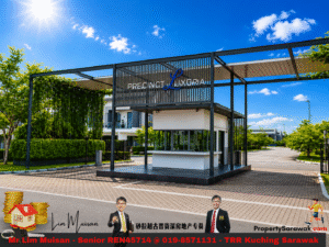 Modern gated entrance to a luxury residential development with a security cabin, black metal framework, and landscaped greenery under a bright sun.