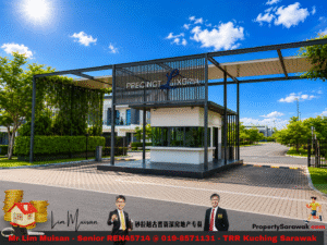 Gated entrance to a modern residential precinct named 'Precinct Luxuria', featuring a security booth under a metal frame canopy, landscaped greenery, and a bright blue sky. A promotional banner with two agents and the property company logo runs along the bottom.
