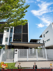 Modern white and dark-clad residential building with a wide overhang and a metal-louvered facade, gated driveway.