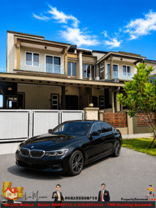 Front view of a modern two-story house with glass balconies and a black BMW sedan parked in the driveway on a sunny day.