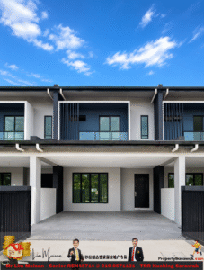 Modern row of two-story townhouses under a bright blue sky; bottom advertisement banner shows two agents and PropertySarawak.com branding still image captioned for a property listing.