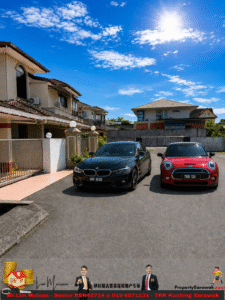 Two cars—a black BMW and a red Mini Cooper—parked side by side in a residential driveway under a bright blue sky (license plates: QRK 3228 and TRR 131).