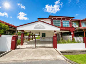 Modern two-story house with a white facade and red trim, gated driveway under a covered carport.