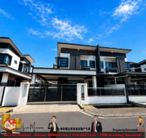 Modern two-story townhouse row with a dark-and-white facade, gated driveway, and a bright blue sky above.