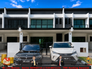 Modern two-story white and gray townhouses with large windows; a black BMW and a white SUV are parked in front, with two men in suits in the foreground (real estate ad).