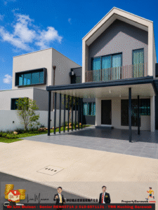 Modern two-story home with a covered carport, grey/white exterior, and large windows under a blue sky.
