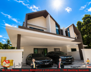 Modern two-story white and brown house with a large overhanging roof and a two-car driveway under a bright blue sky with the sun shining.
