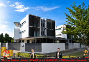 Modern white three‑story house with dark vertical louvers, a gated perimeter, and a clear blue sky above. A promotional banner with agent photos and contact details runs along the bottom edge of the image.