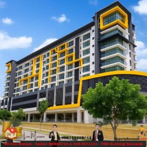 Modern multi-story building with bold yellow accents against a blue sky, featuring glass balconies and a curved ground-level facade. Green trees in the foreground.